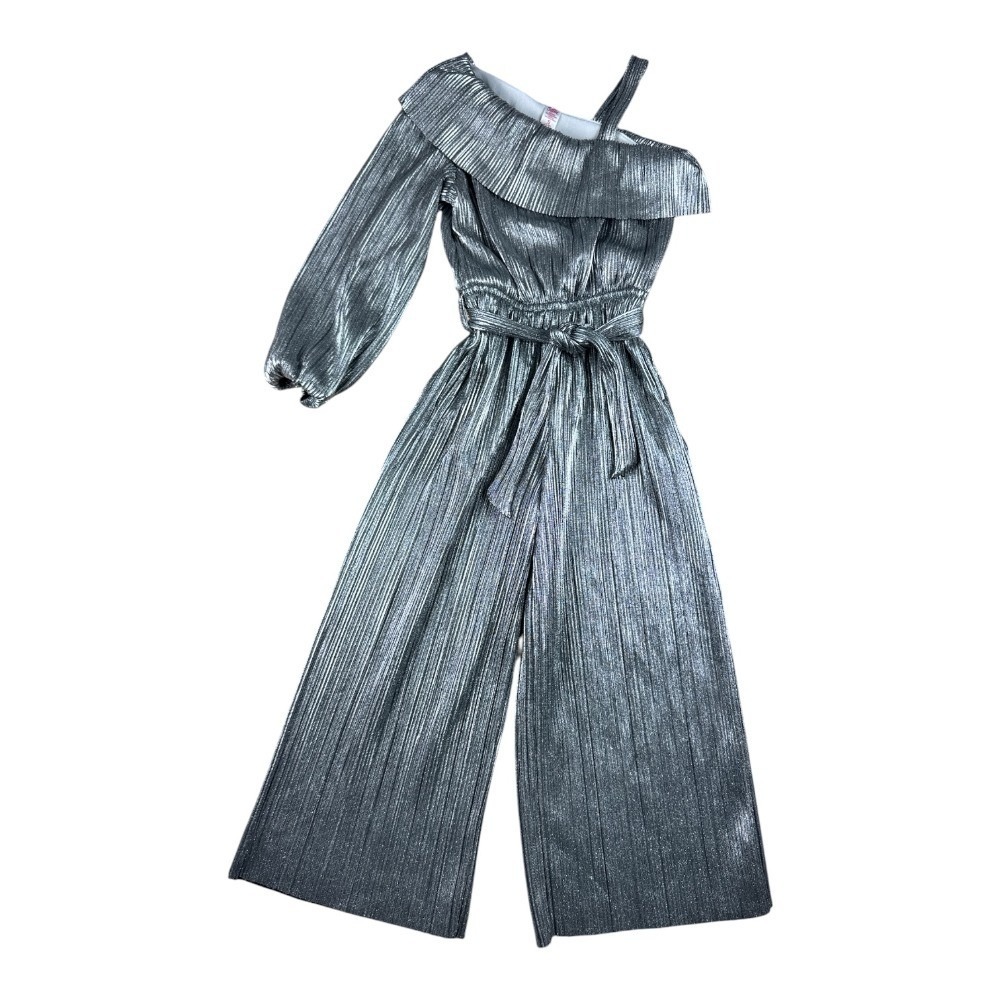 Justice Girls Silver Metallic One Shoulder Pleated Jumpsuit Size S 7/8 Wide Leg